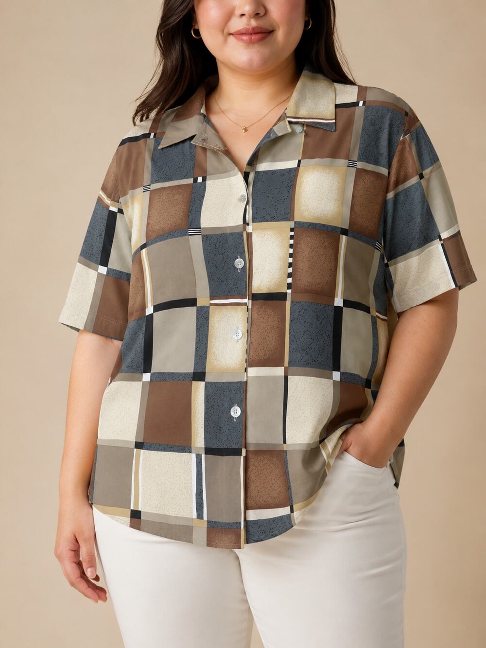 Vintage 80s TICKETS Shirt Womens 20W Plus Brown Blue Retro Check Button Up